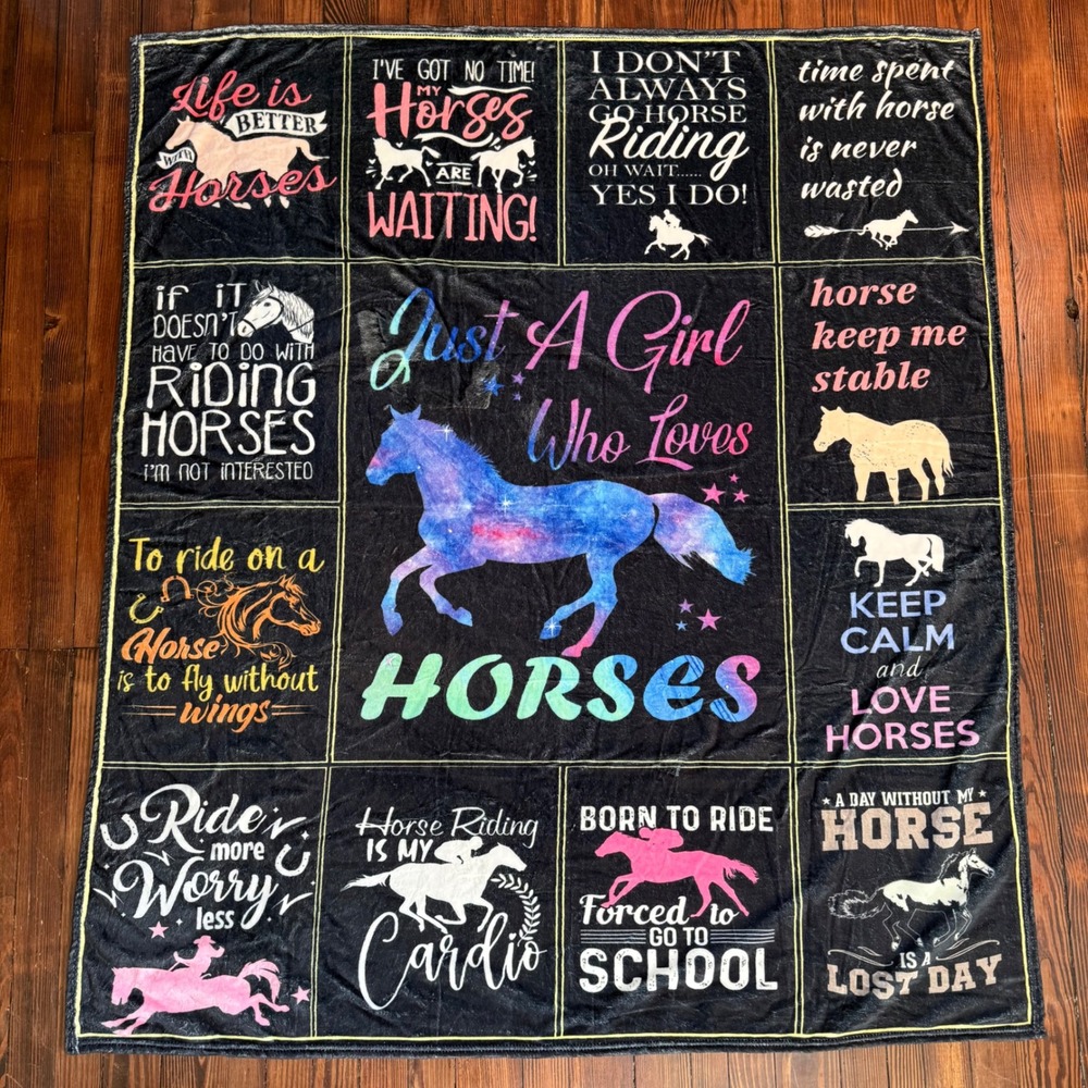 Horse Lover Blanket Black Throw Horses Riding Quotes Kids Soft Cozy Room Decor